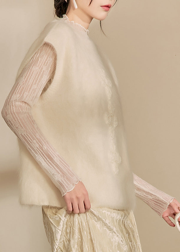 Simple Beige O-neck Cozy Cotton Knit Waistcoat Spring