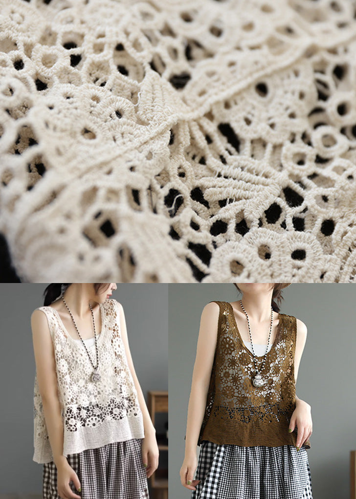 Simple Beige O-neck Patchwork Cotton Vest Sleeveless