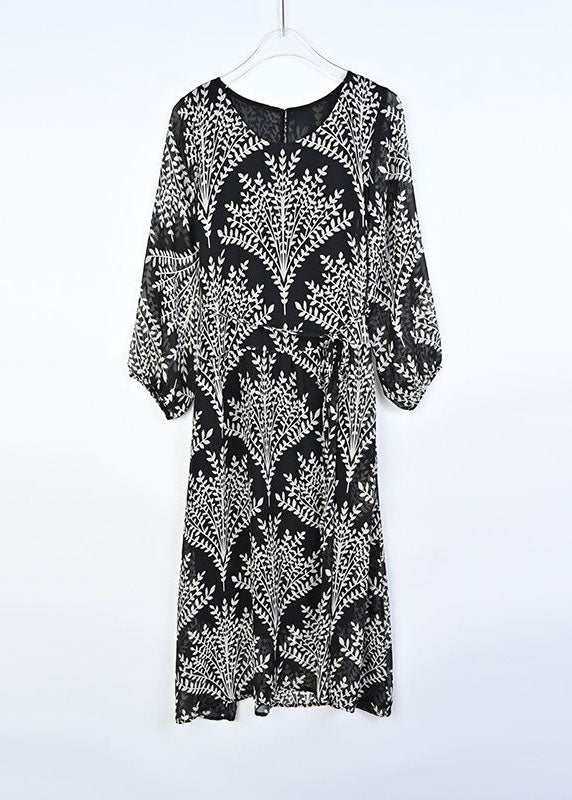 Simple Black O-neck Print Chiffon a Line Dresses Long Sleeve