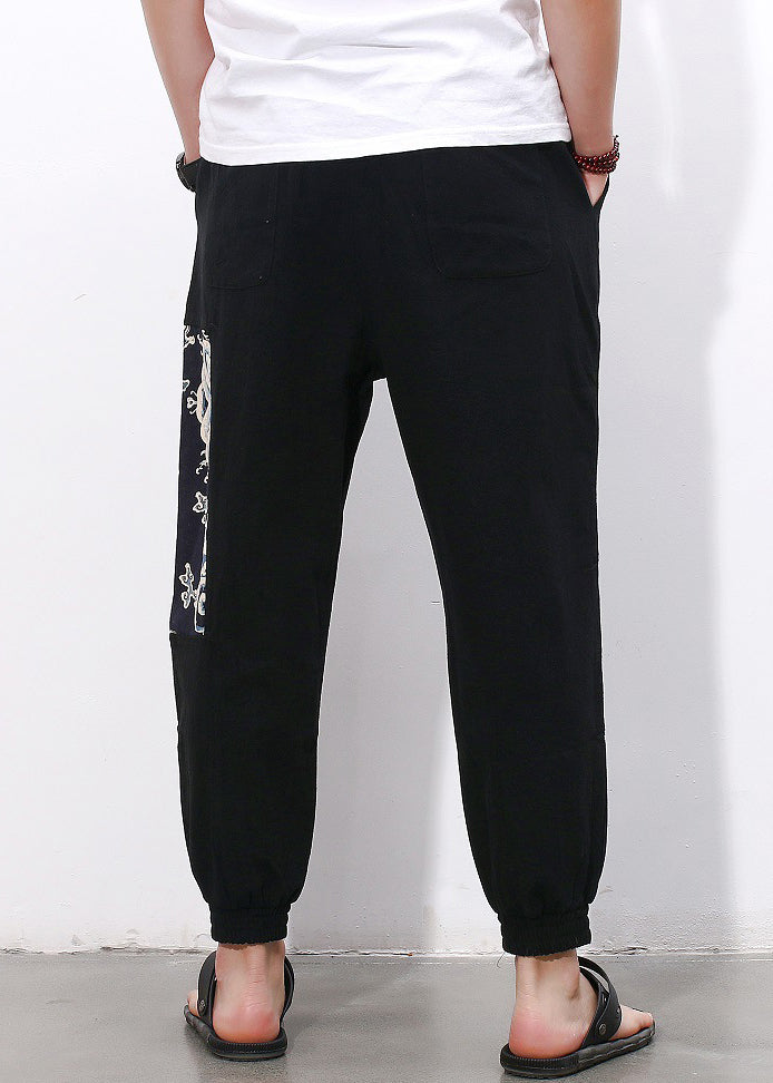 Simple Black Print Pockets Cotton Crop Pants Summer