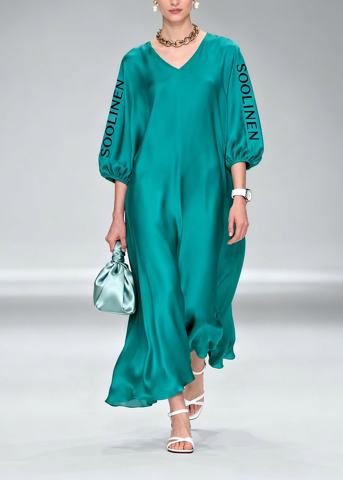 Simple Blue V Neck Graphic Silk Long Dress Lanter Sleeve