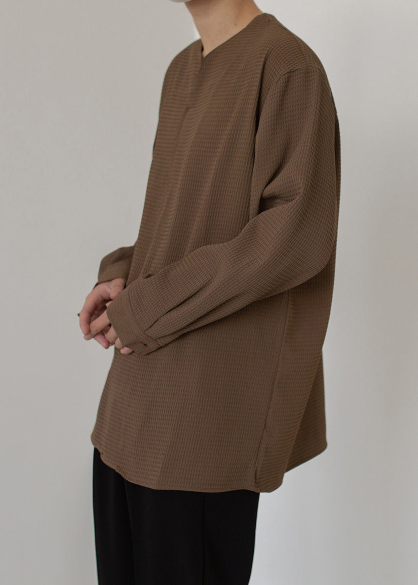 Simple Coffee V Neck Solid Cotton Men Pullover Shirts Spring