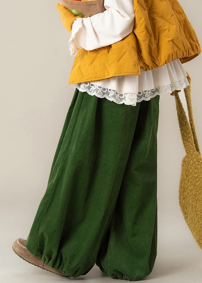 Simple Green Drawstring Elastic Waist Cotton Wide Leg Pants Spring