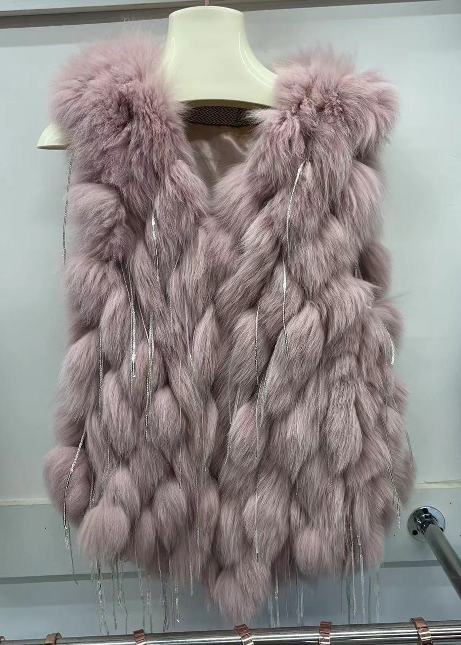 Simple Green V Neck Tassel Leather and Fur Waistcoat Winter