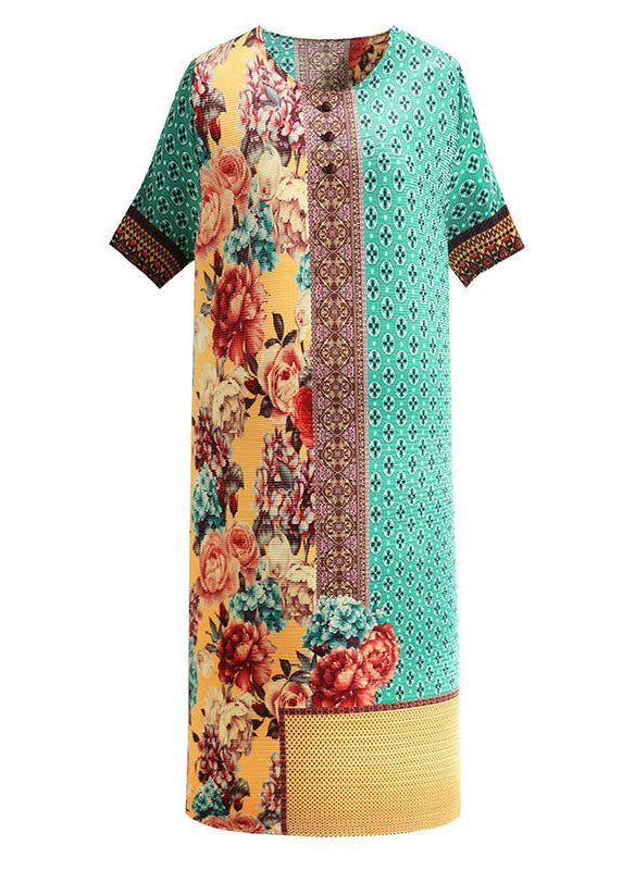 Simple Green Yellow O-neck Wrinkled Print Silk Holiday Dress Short Sleeve
