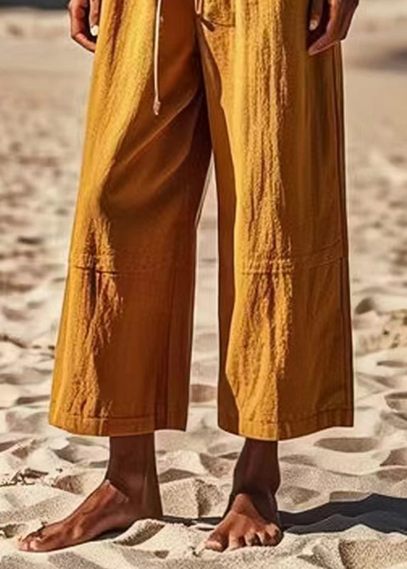 Simple Khaki Pockets Patchwork Tie Waist Wide Leg Pants
