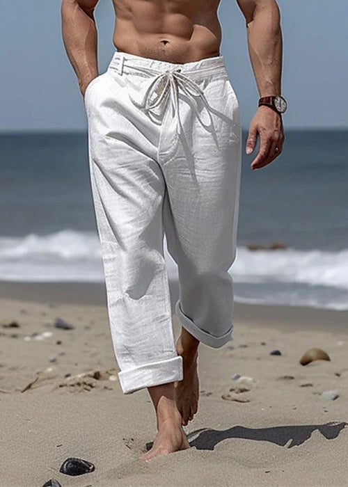 Simple Khaki Pockets Elastic Waist Cotton Pants Summer