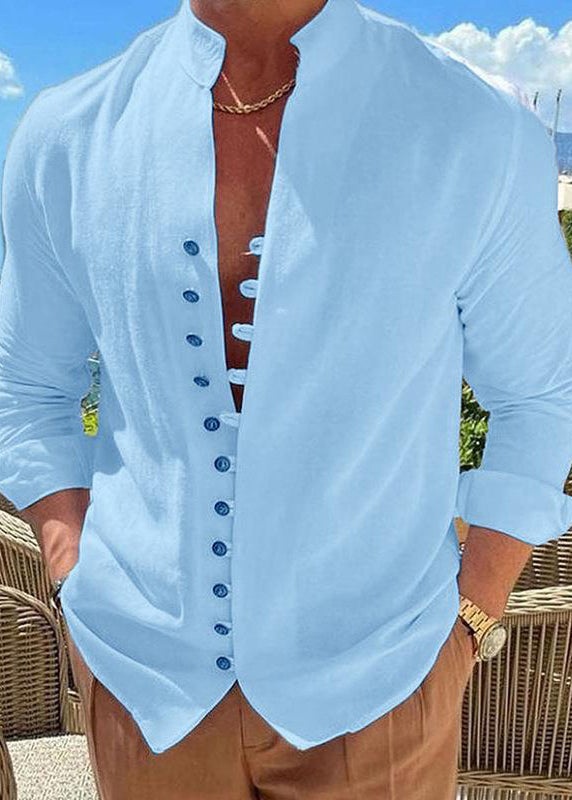 Simple Khaki Stand Collar Button Solid Cotton Men's Shirts Fall