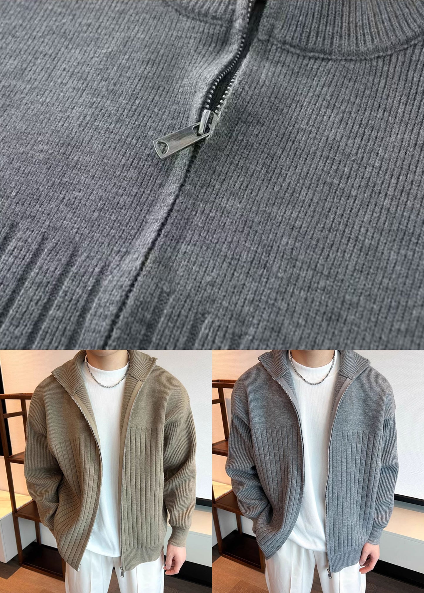 Simple Khaki Zip Up Cozy Knit Coats Spring