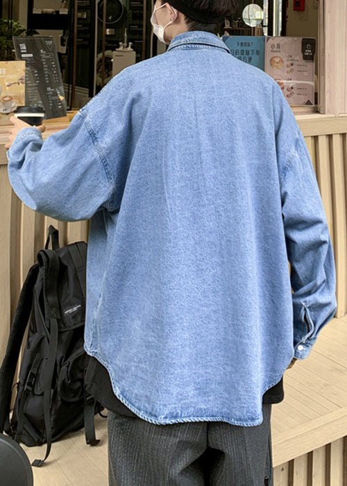 Simple Light Blue Button Pockets Denim Mens Shirts Spring