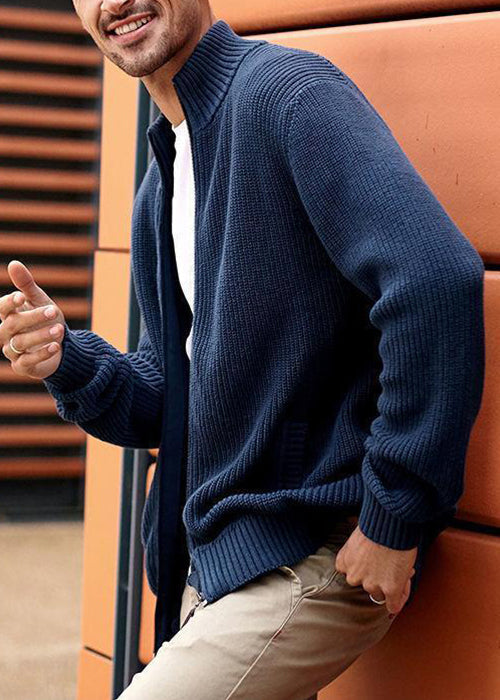 Simple Navy Zip Up Pockets Knit Cardigan Spring