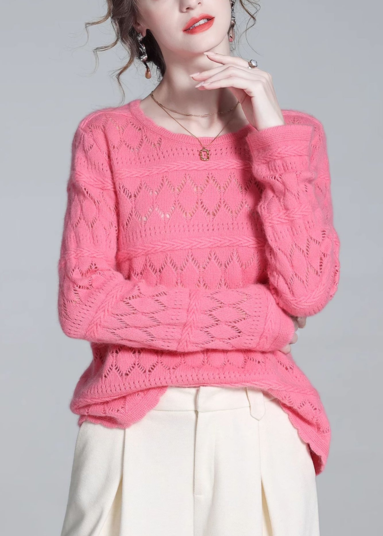 Simple Pink Hollow Out Wool Knit Sweater Winter