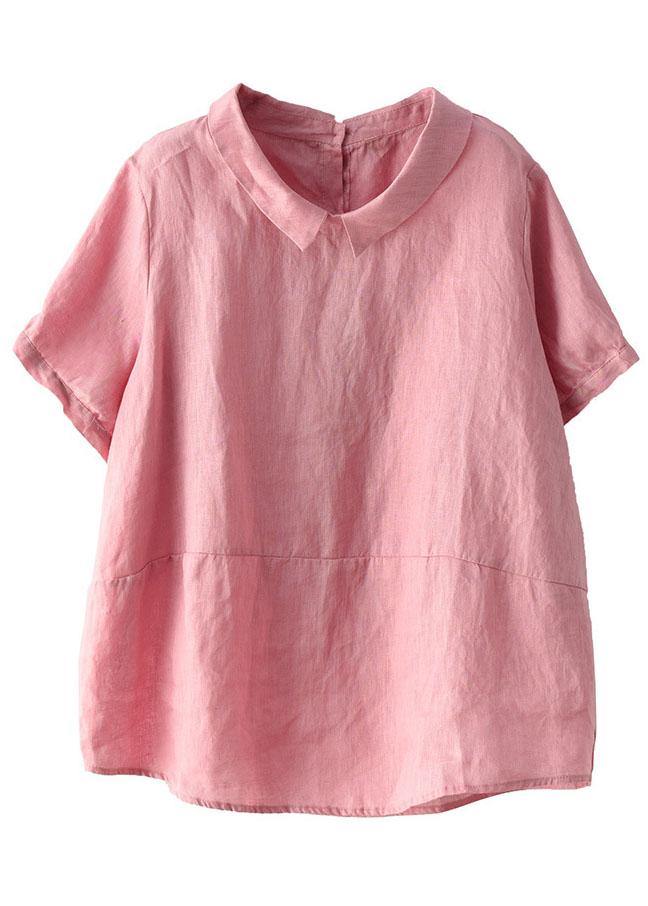 Simple Wine Red Peter Pan Collar Patchwork Summer Linen Blouses