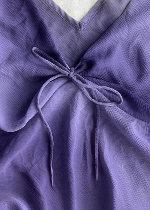 Simple Purple V Neck Lace Up Cotton Tank Sleeveless