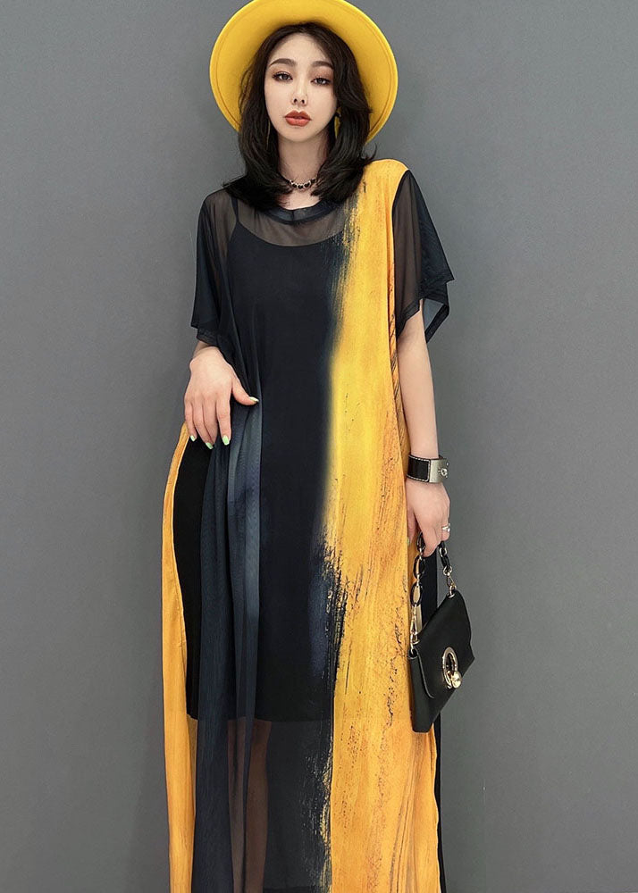 Simple Yellow Black O-neck Side Open Hollow Out Tulle Dress Long Smock Short Sleeve