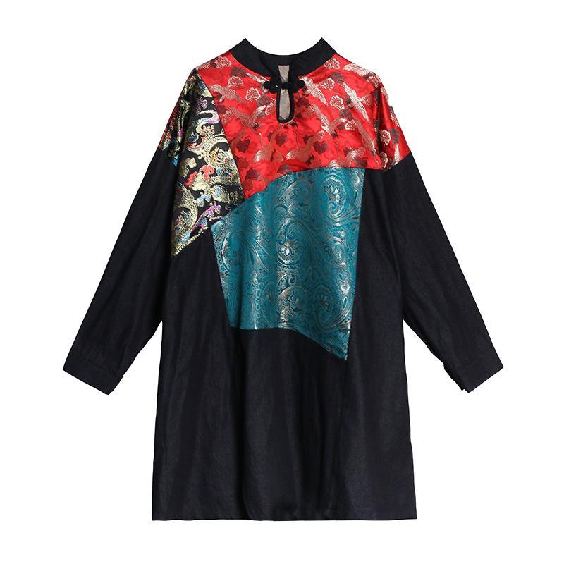 Simple Black Clothes Stand Collar Patchwork Print Dress