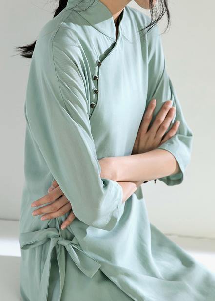 Simple Green Tunic Top Stand Collar Tie Waist Dress