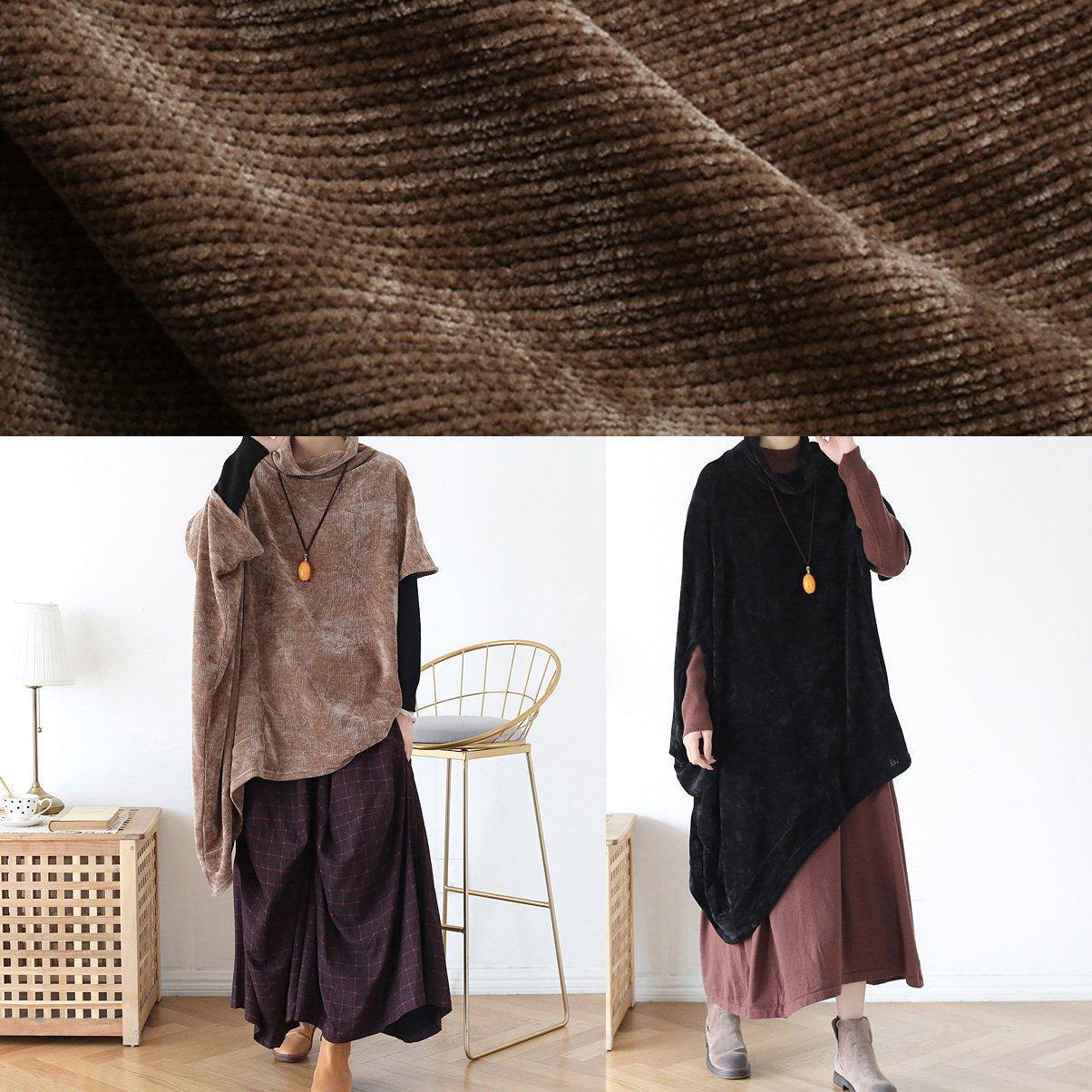 Simple high neck asymmetric cotton tops women khaki tops