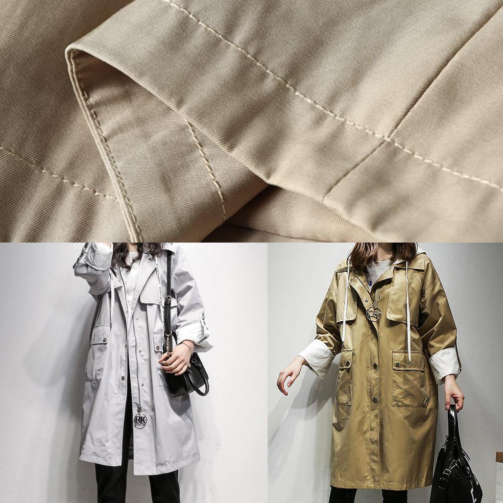 Simple Hooded Drawstring Fine Coats Khaki Cotton Coats