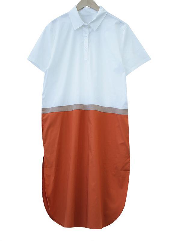Simple Lapel Patchwork Cotton Summer Tunics for Work Outfits Green Dress