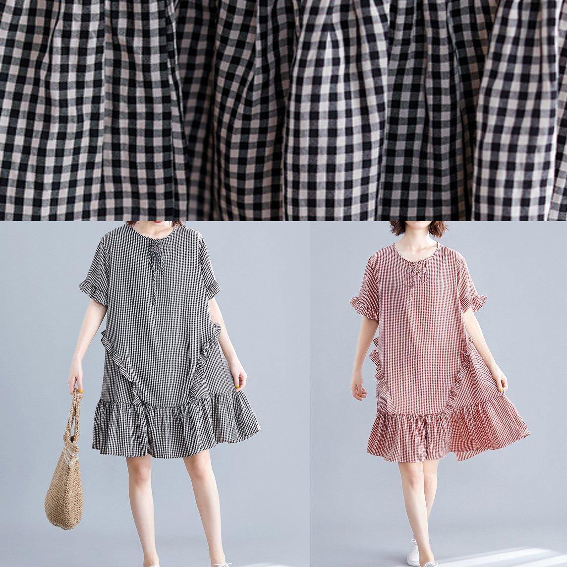Simple O Neck Ruffles Cotton Clothes Inspiration Red Plaid Dress