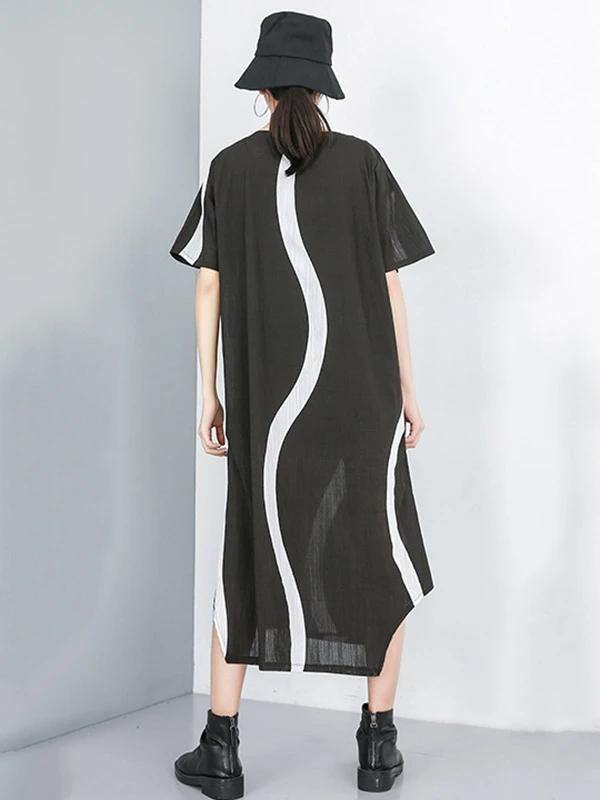 Simple O Neck Asymmetric Chiffon Dress Black Striped Dress