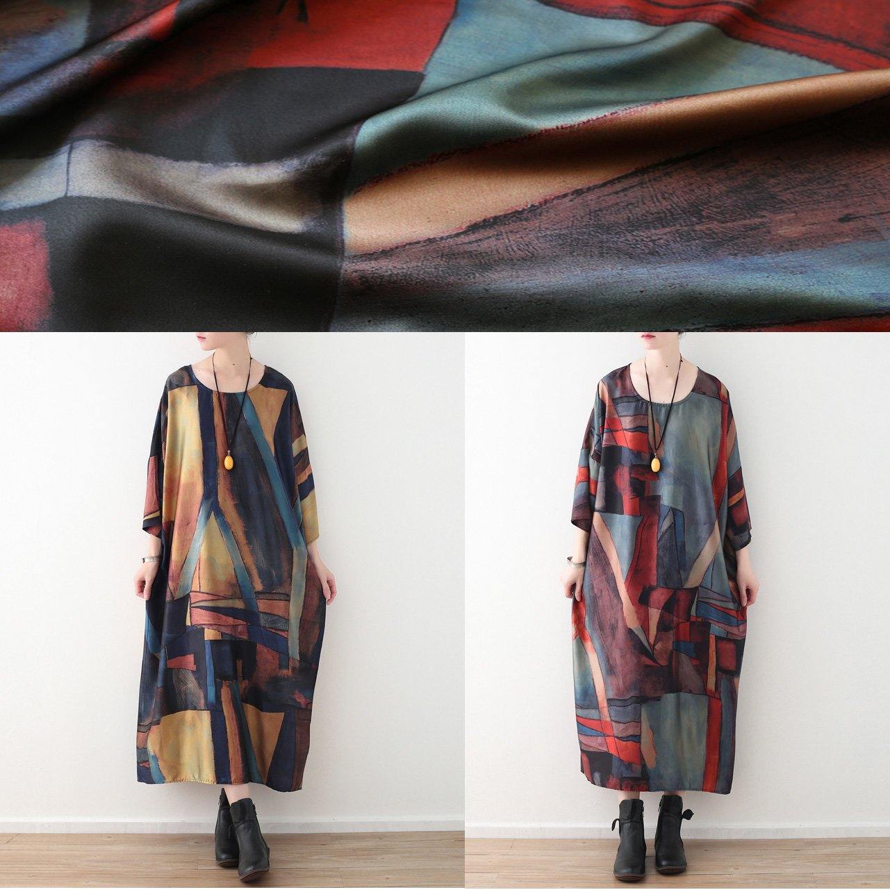 Simple O Neck Chiffon Clothes Outfits Red Green Patchwork Color Robe Dresses Summer