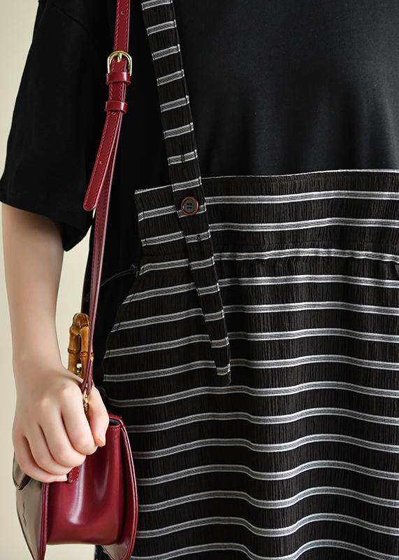 Simple O Neck Clothes Runway Black Patchwork Striped Maxi Dress