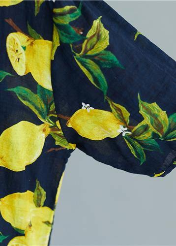 Simple V Neck Cotton Linen Summer Linen Tops Yellow Prints Midi Blouses