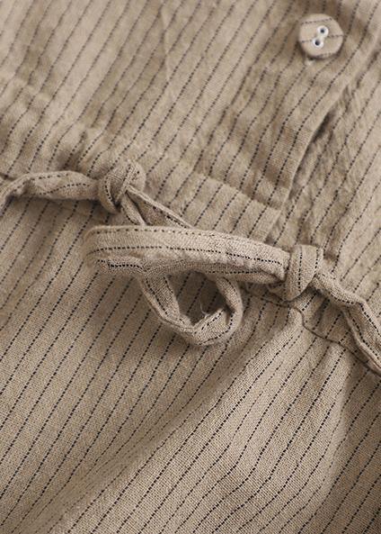 Simple V Neck Drawstring Cotton Soft Surroundings Neckline Khaki Striped Dress