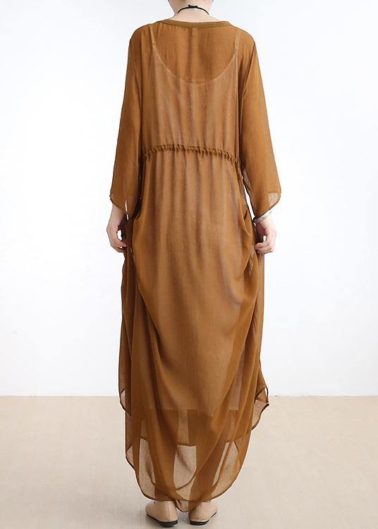Simple V Neck Drawstring Outfit Design Yellow Long Dress