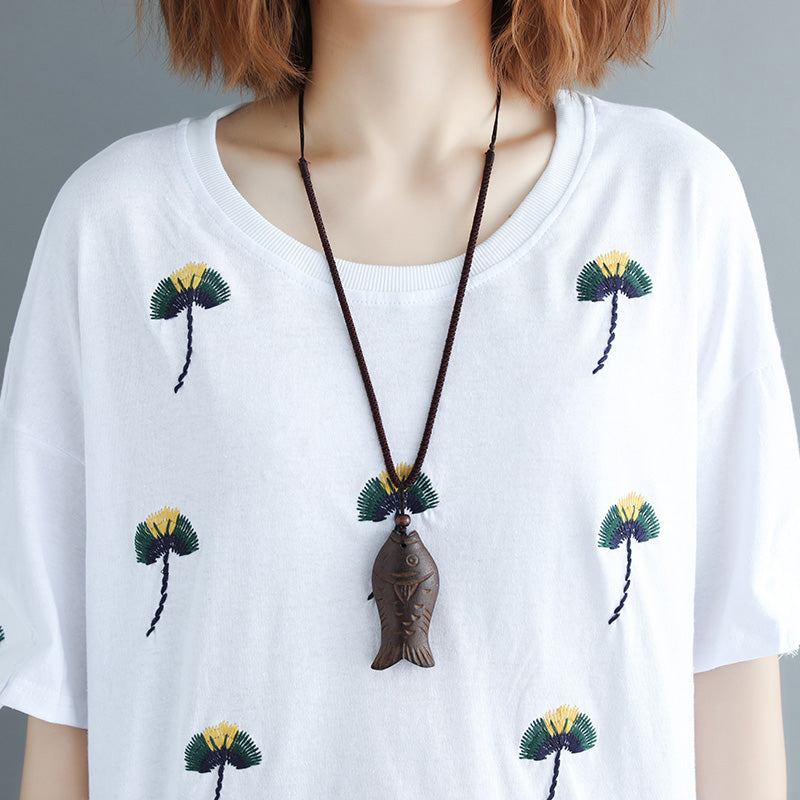 Simple White Embroidery Cotton Clothes Inspiration O Neck Loose Shirt