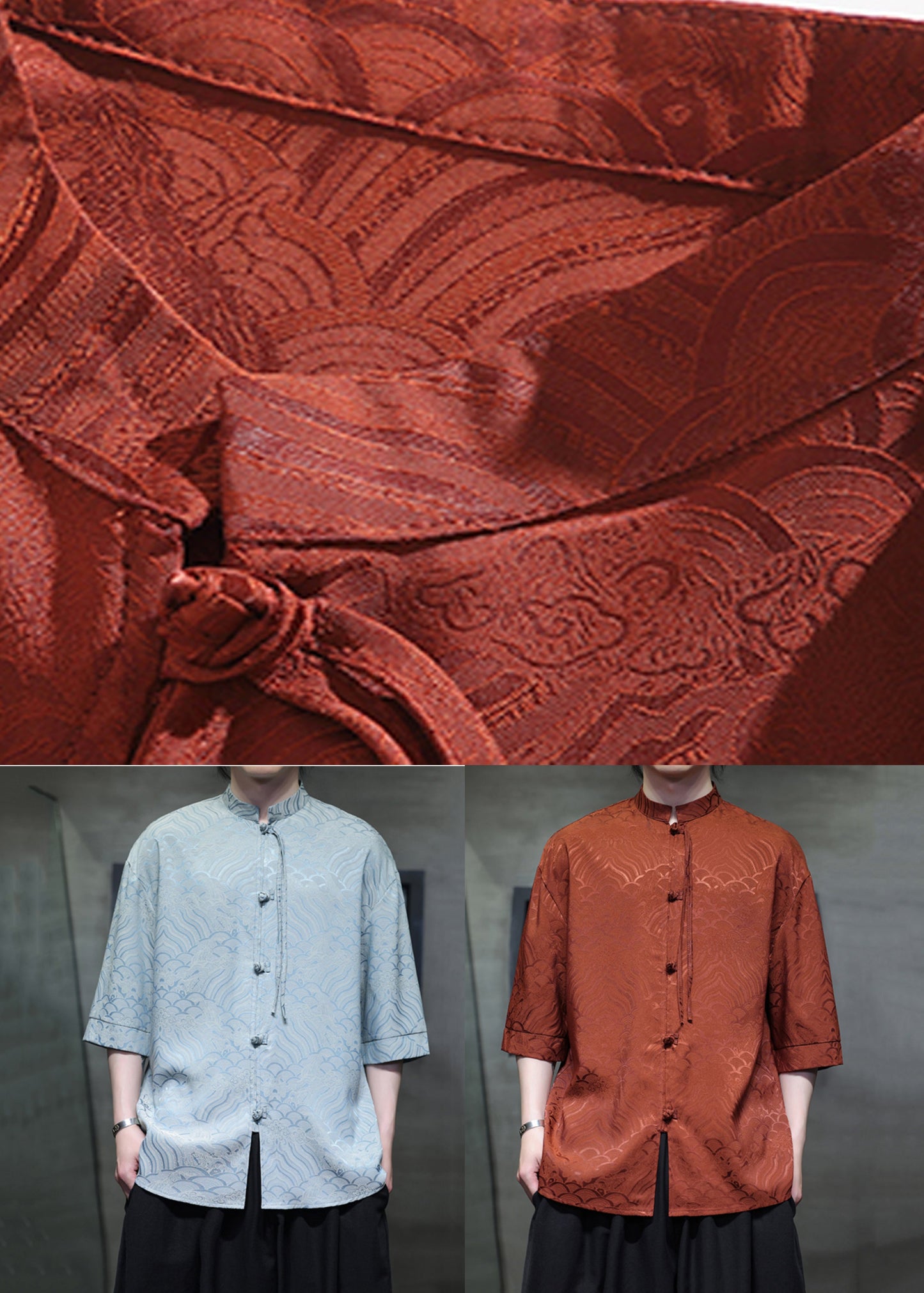 Sky Blue Button Ice Silk Shirt Stand Collar Half Sleeve