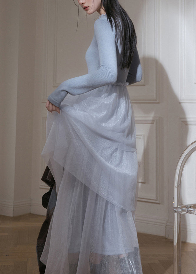 Slim Fit Blue Ruffled Up Tulle Patchwork Knit Long Dresses Spring