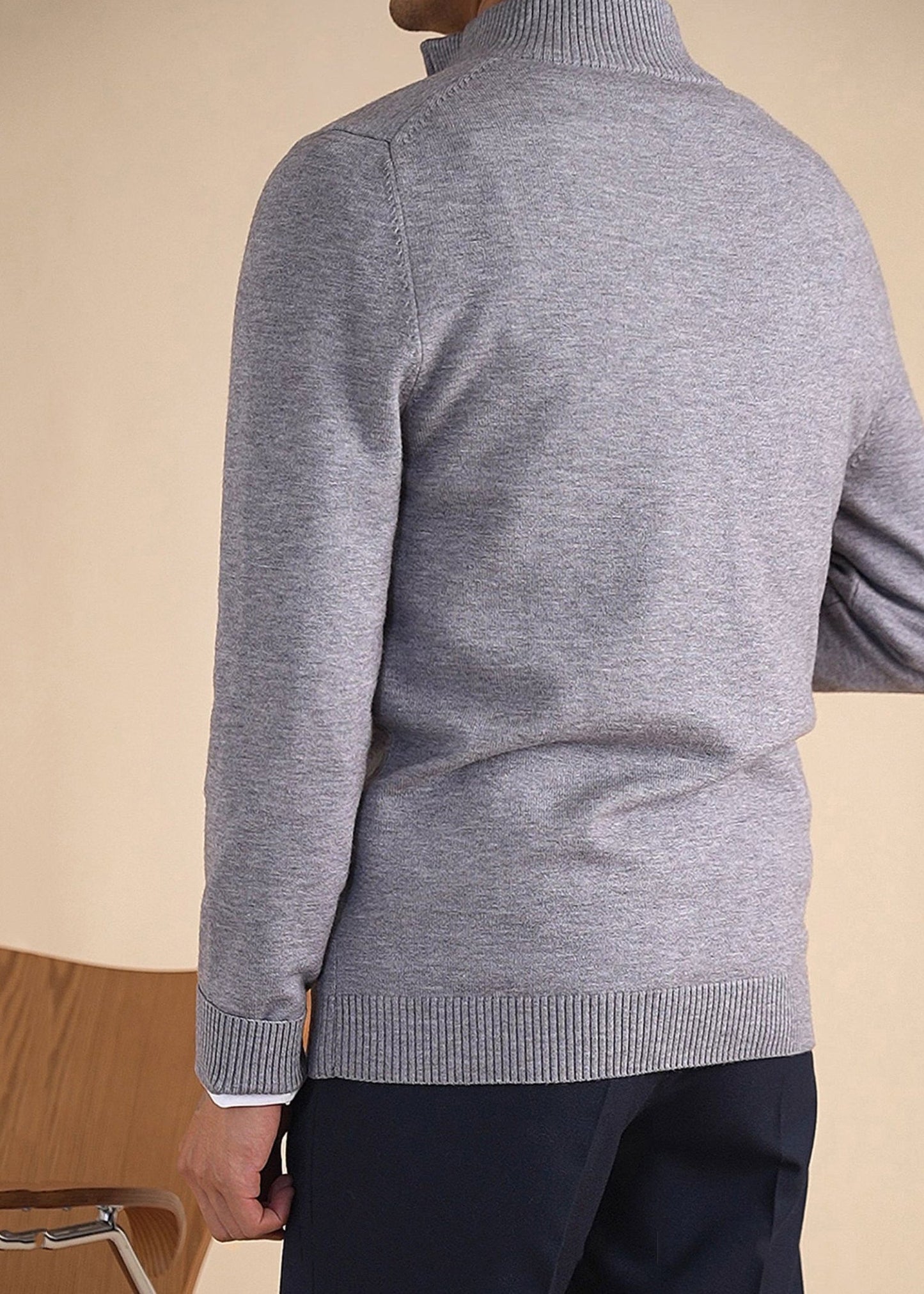 Slim Fit Grey Stand Collar Zip Up Knit Sweaters Winter