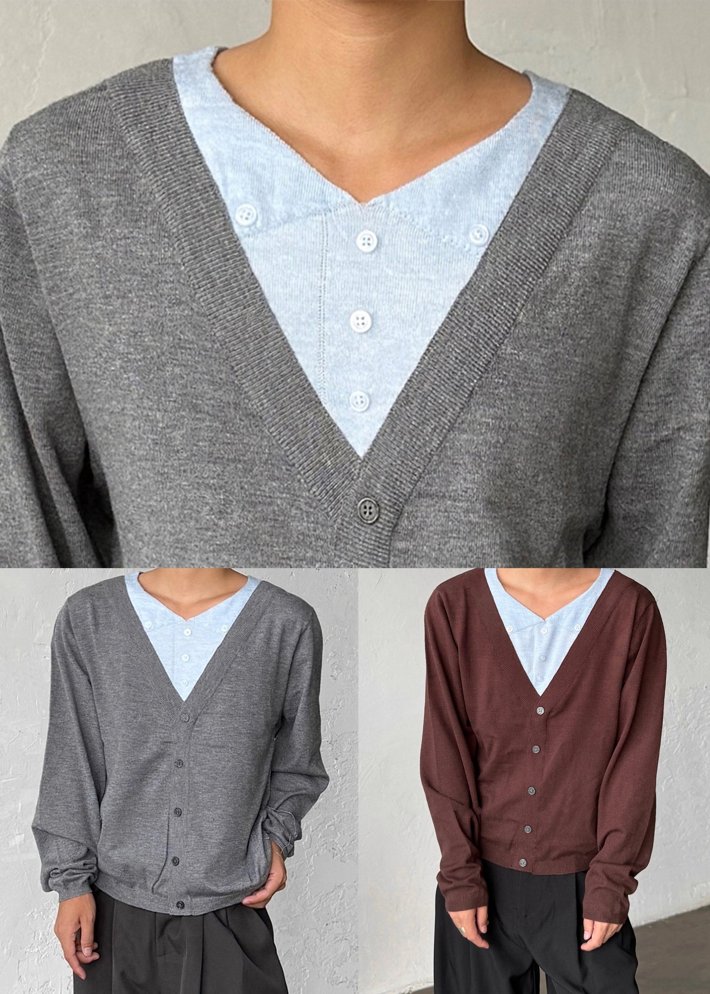 Slim Fit Grey V Neck Button Patchwork Knitting Cotton Sweater Fall