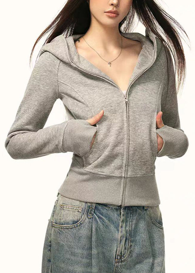 Slim Fit Grey Zip Up Pockets Cotton Hooded Coat Spring