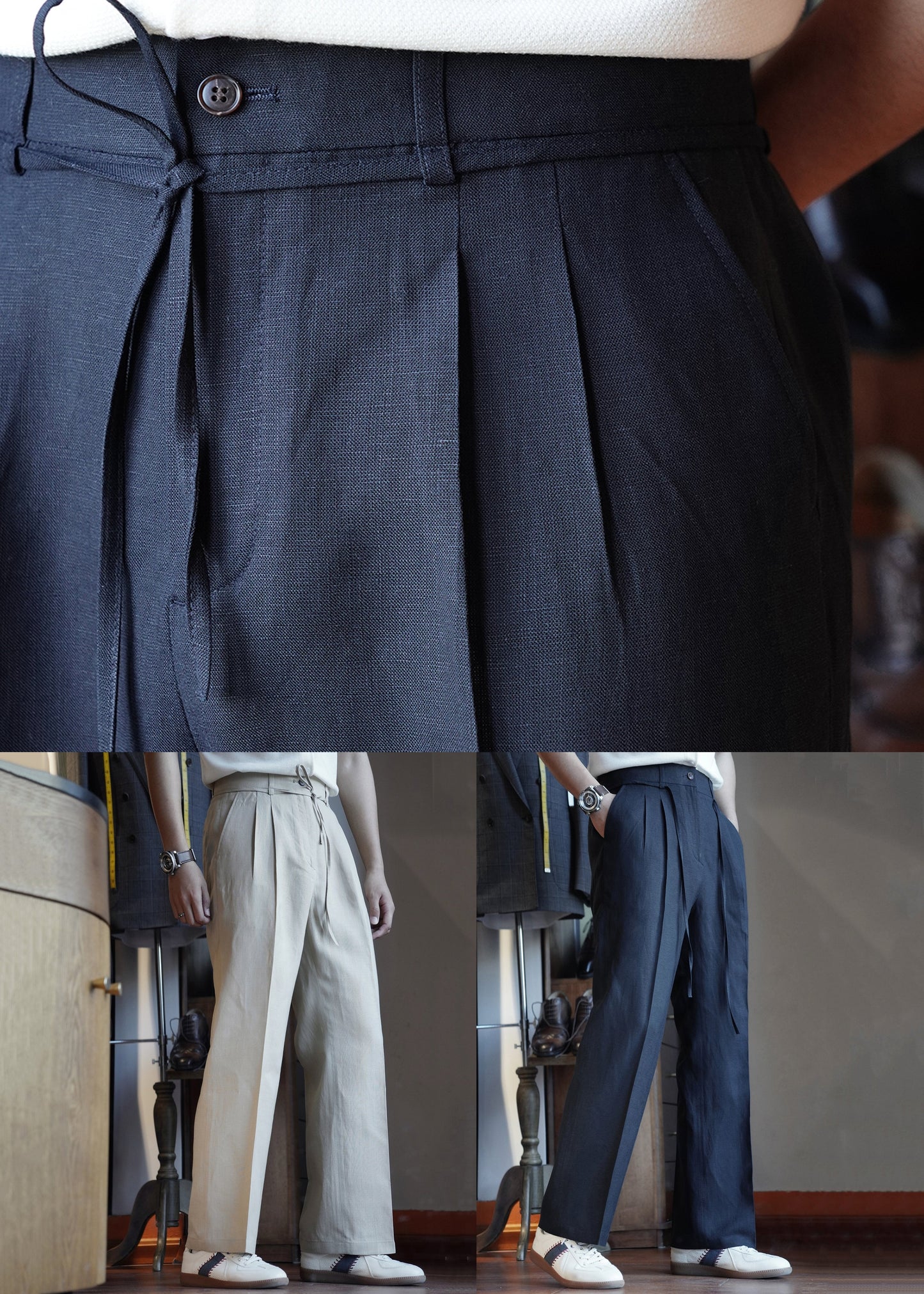 Slim Fit Navy Lace Up Pockets Elastic Waist Cotton Pants Fall