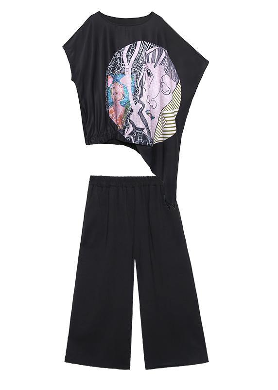 Slim Summer Large Size Printed T-shirt + Wide-leg Pants Two-piece Suit