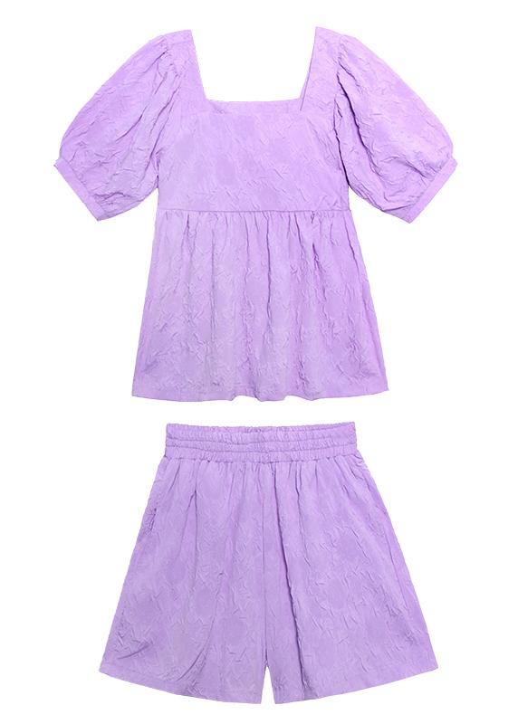 Slimming Suit New Large Size Bubble Sleeve Purple Shirt Shorts Two-piece Suit