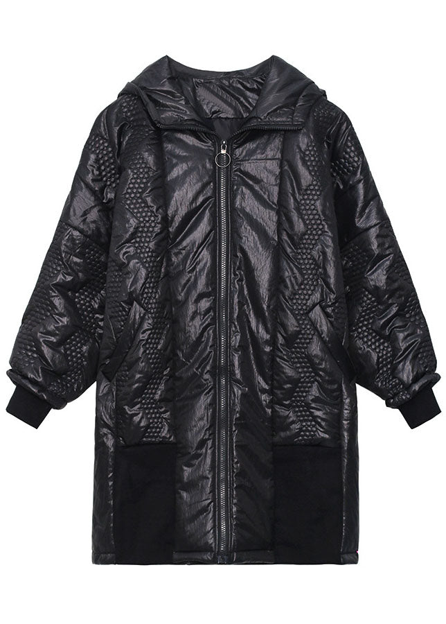 Street Black Hooded Zippered Pockets Winter Coats