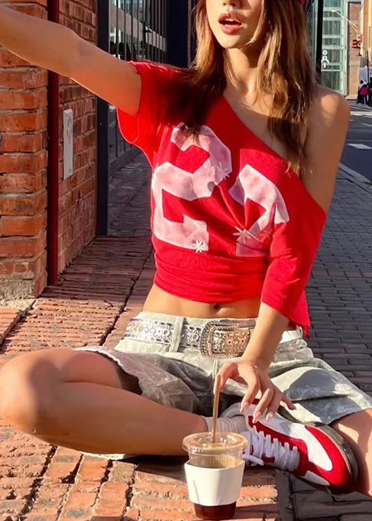 Red Cold Shoulder Print Cotton T Shirt Summer
