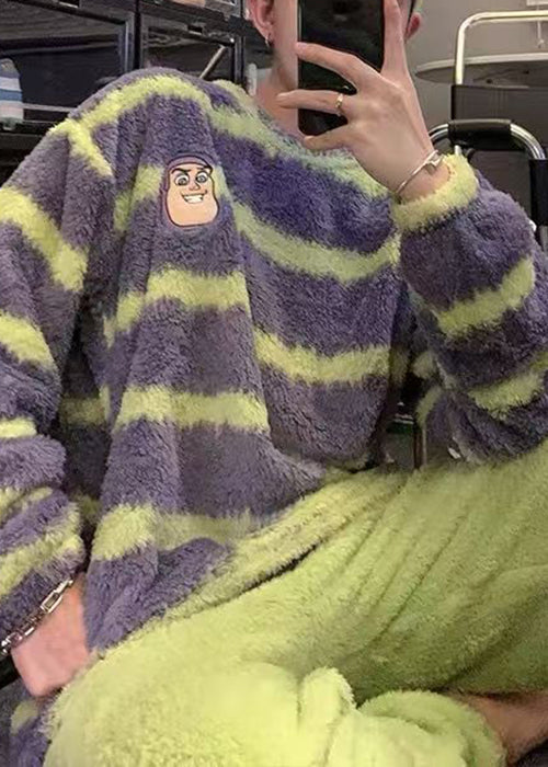Striped Purple O Neck Cozy Fluffy Sweaters Winter