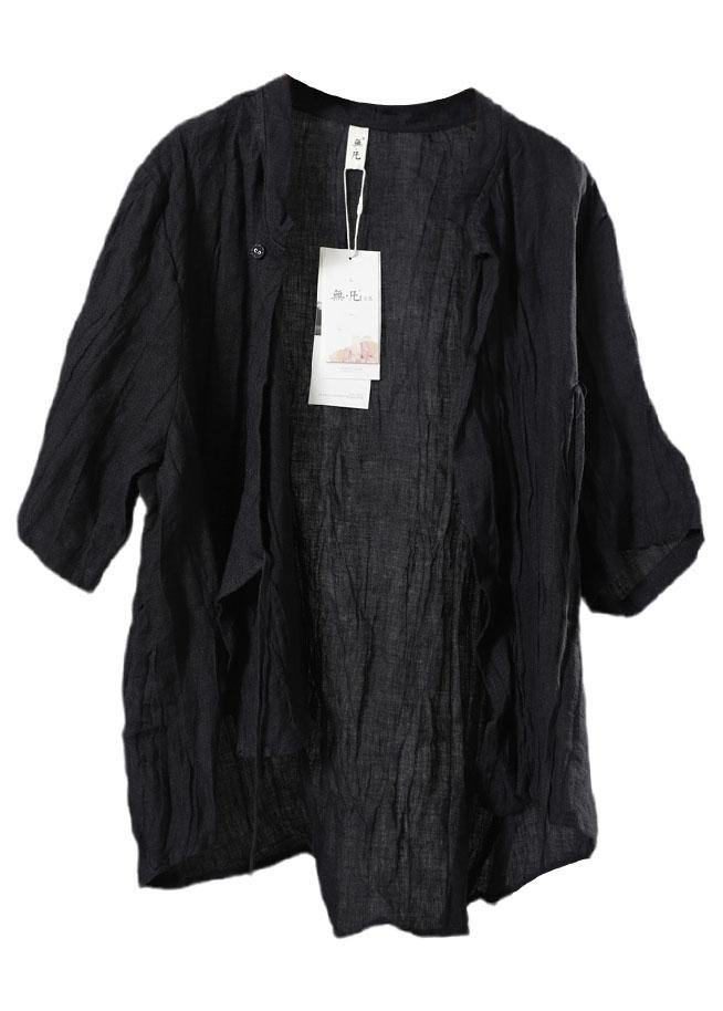 Style Black Button Stand Collar Asymmetrical Design Fall Half Sleeve Blouse Top