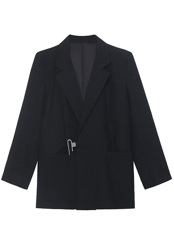 Style Black Notched Pockets Loose Fall Long Sleeve Coat
