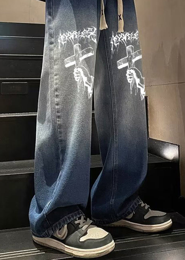 Style Blue Gradient Print Pockets Denim Wide Leg Pants Fall