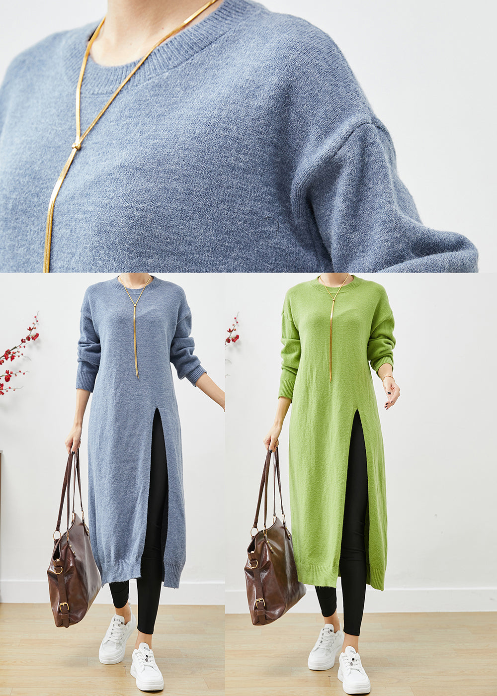 Style Blue Grey O-neck Side Open Knit Long Dress Fall