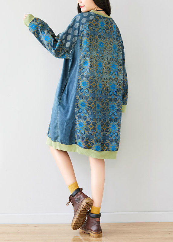 Style Blue O-neck Print Patchwork Dress Spring