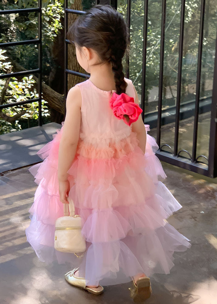 Style Gradient Pink O Neck Ruffled Patchwork Tulle Baby Dresses Sleeveless