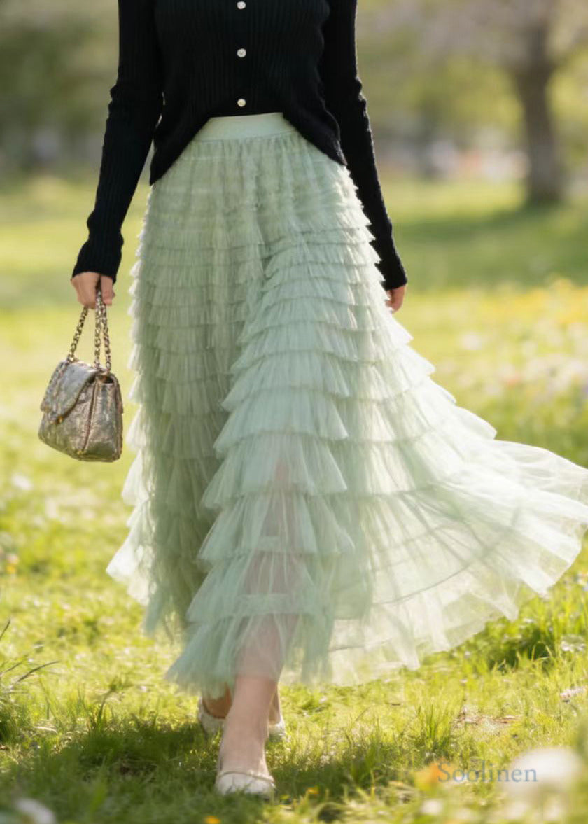 Style Grass Green Multi-layer Tulle Holiday Skirt Spring